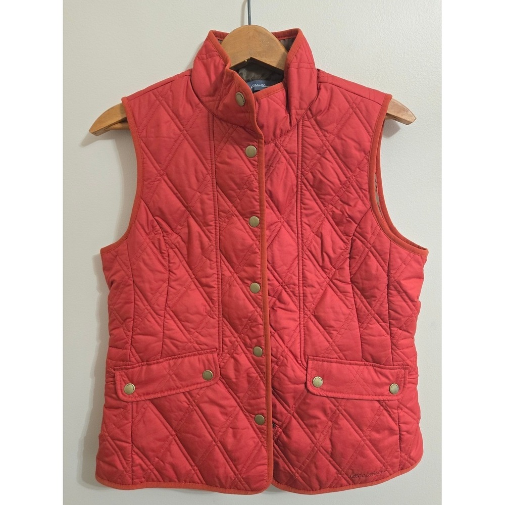 Eddie Bauer Quilted Utility Vest Women's Small Red Full Zip Snap Pockets